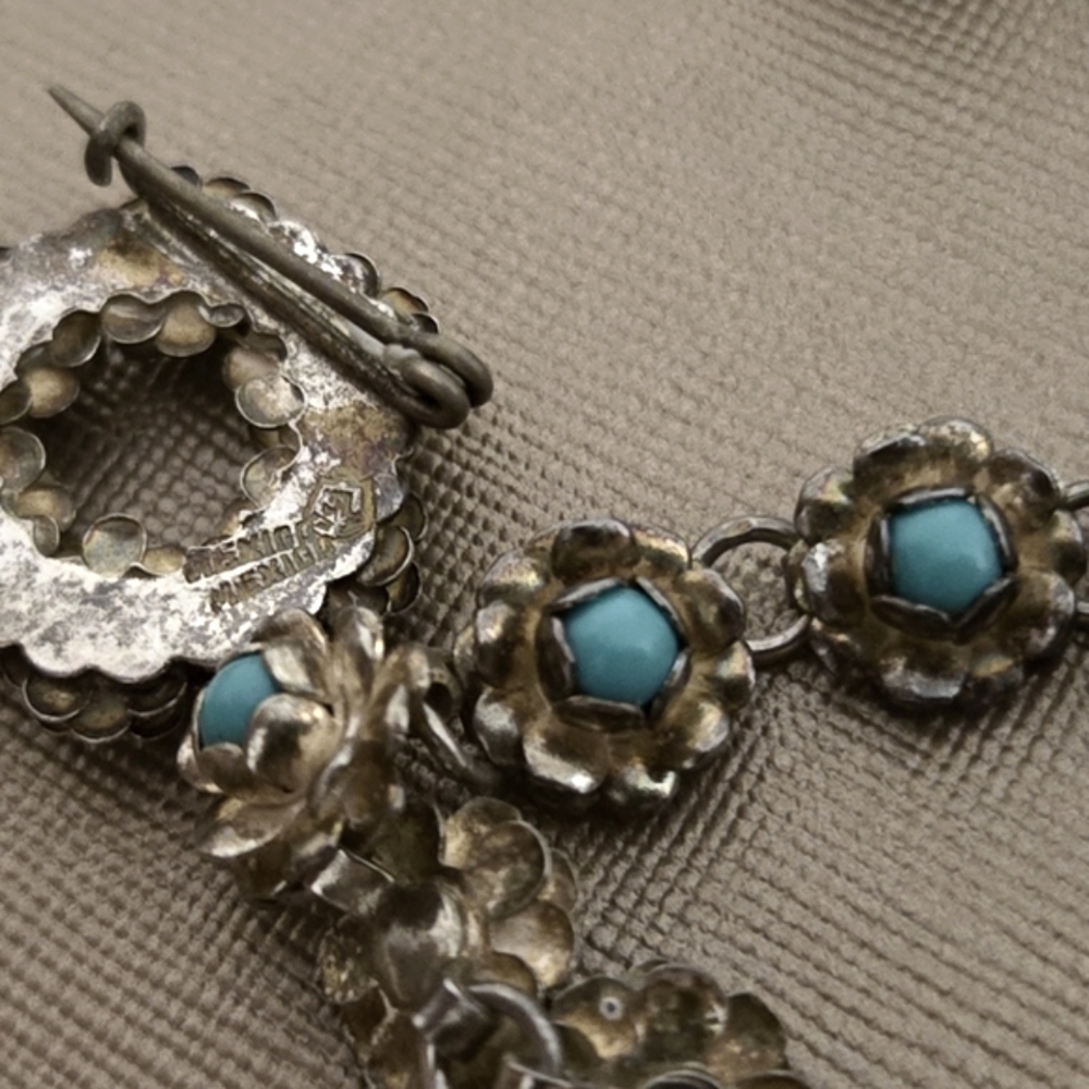 Full Set - Rare ANTIQUE Silver & Turquoise Bracelet, Screw Back Earrings, Brooch - Picture 9 of 9
